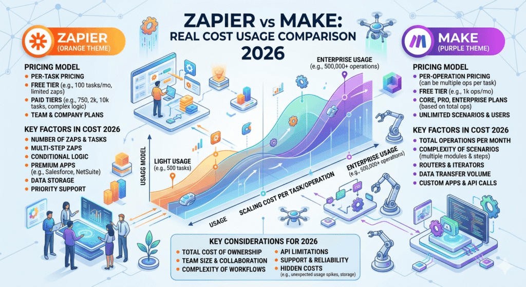 Zapier vs Make pricing model comparison showing task-based vs operation-based cost structure
