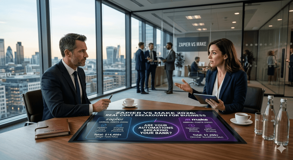 Zapier vs Make cost comparison 2026 showing automation pricing differences for businesses